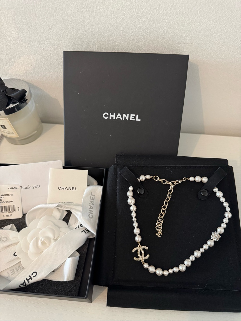 Brand New Authentic Chanel Pearl CC Drop Necklace in White and Light Gold Choker